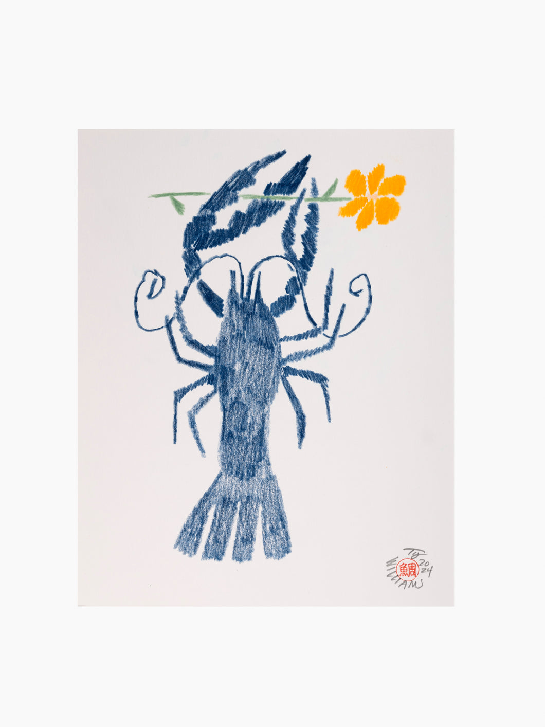 Ty Williams Original Drawing | Navy Blue Lobster with Yellow Flower